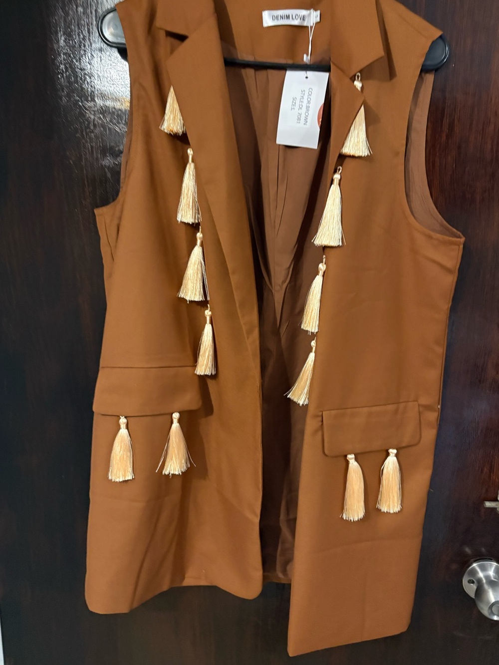 NWT Denim Love Brown Tassel Sleeveless Vest. Available in S, M & L.